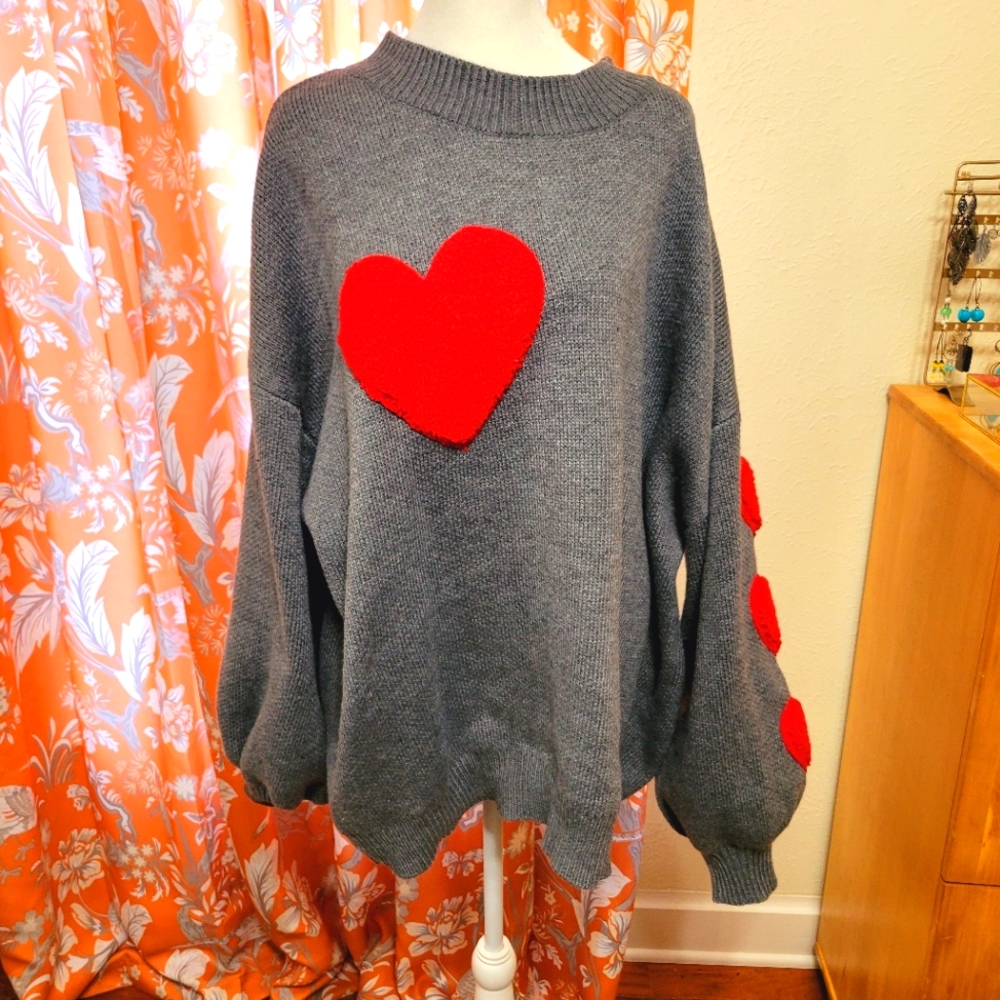 NWOT Gray Sweater with Red Heart Design